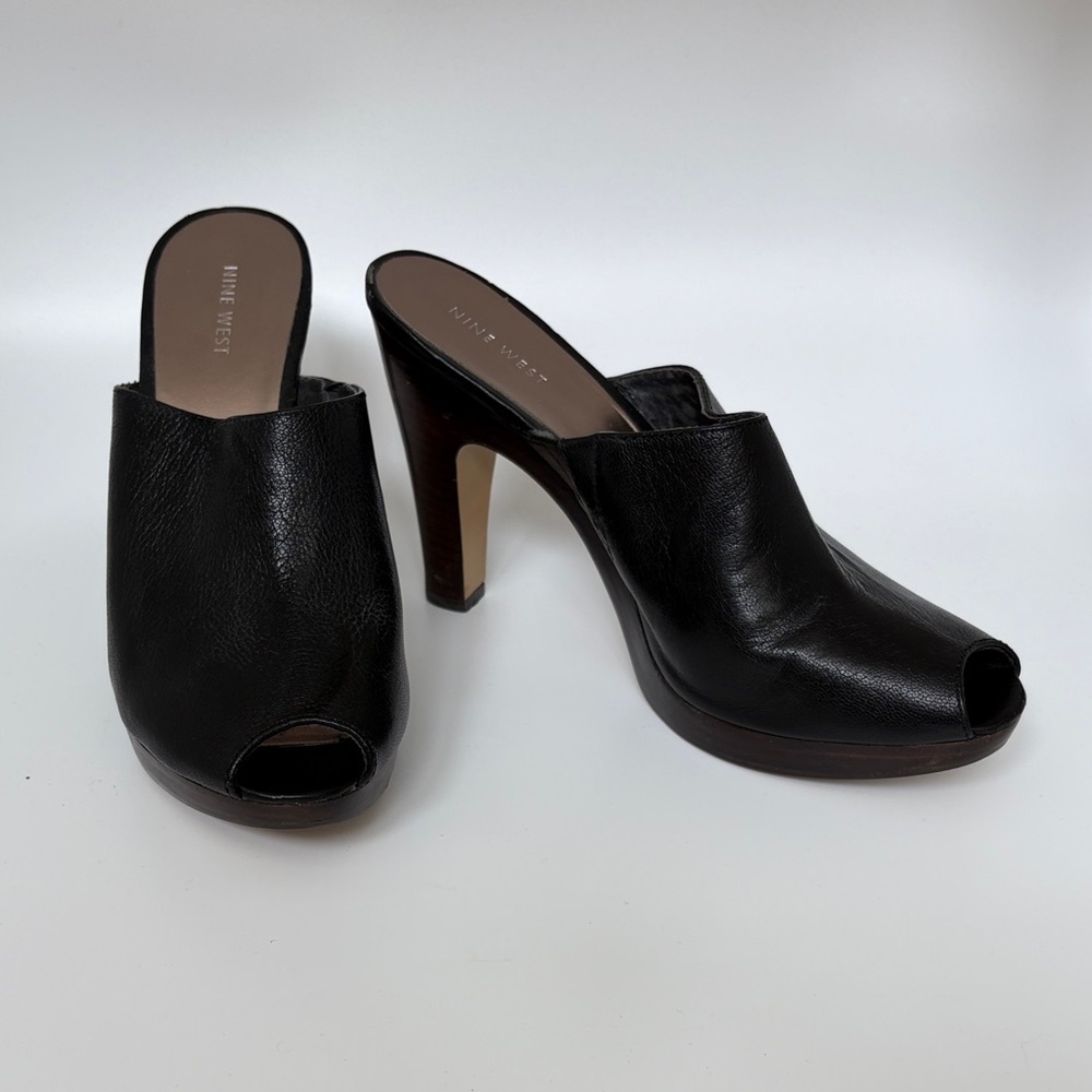 Nine West Leather Black Peep-Toe Heeled Mules